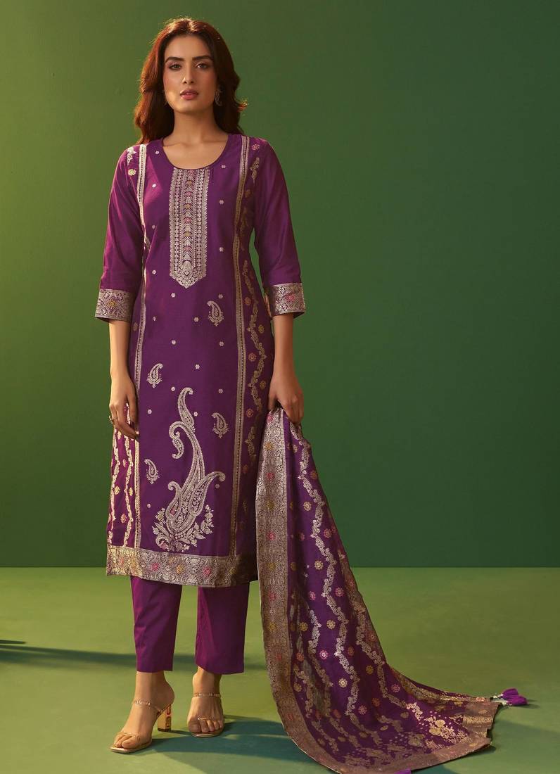 Purple jacquard art silk kurta set with cotton bottom & silk jacquard dupatta