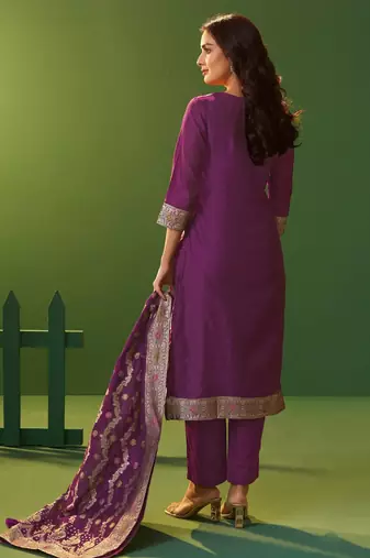 Purple jacquard art silk kurta set with cotton bottom & silk jacquard dupatta