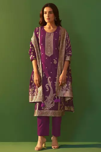 Purple jacquard art silk kurta set with cotton bottom & silk jacquard dupatta