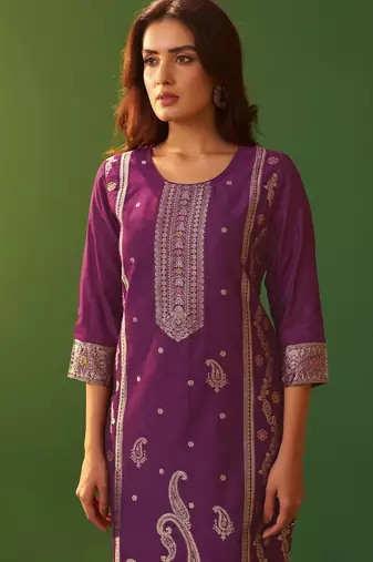 Purple jacquard art silk kurta set with cotton bottom & silk jacquard dupatta
