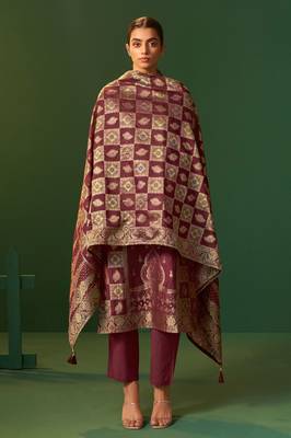 Wine jacquard art silk kurta set with cotton bottom & silk jacquard dupatta 1