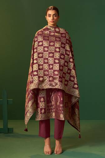 Wine jacquard art silk kurta set with cotton bottom & silk jacquard dupatta