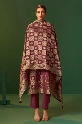 Wine jacquard art silk kurta set with cotton bottom & silk jacquard dupatta