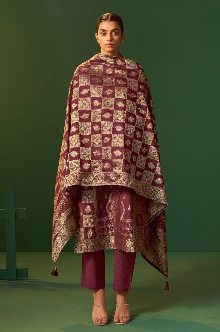 Wine jacquard art silk kurta set with cotton bottom & silk jacquard dupatta