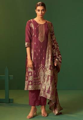 Wine jacquard art silk kurta set with cotton bottom & silk jacquard dupatta 2