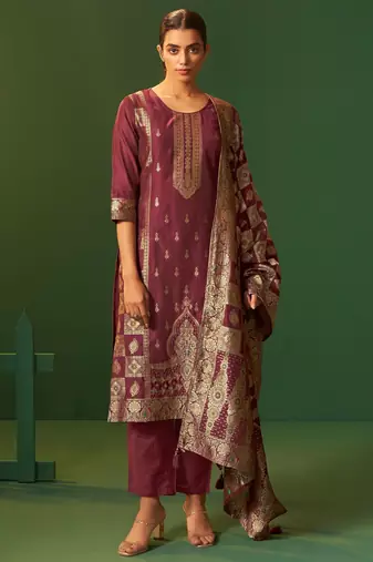 Wine jacquard art silk kurta set with cotton bottom & silk jacquard dupatta