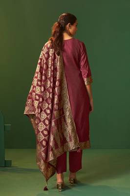 Wine jacquard art silk kurta set with cotton bottom & silk jacquard dupatta 3