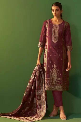 Wine jacquard art silk kurta set with cotton bottom & silk jacquard dupatta