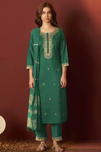 Green chinnon embroidered kurta set with dupatta