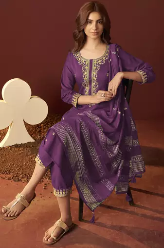 Purple chinnon embroidered kurta set with dupatta