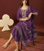 Purple chinnon embroidered kurta set with dupatta