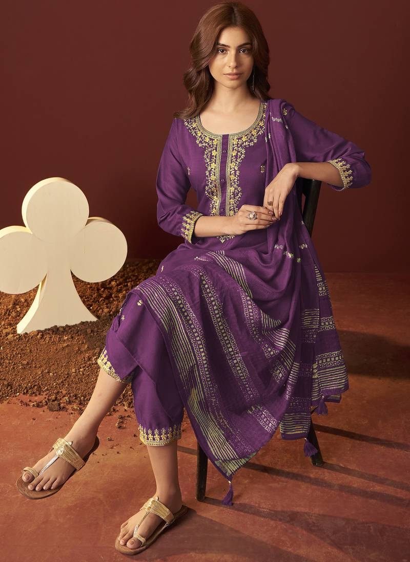 Purple chinnon embroidered kurta set with dupatta