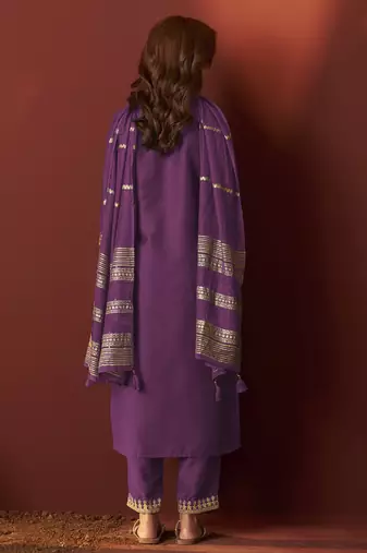 Purple chinnon embroidered kurta set with dupatta