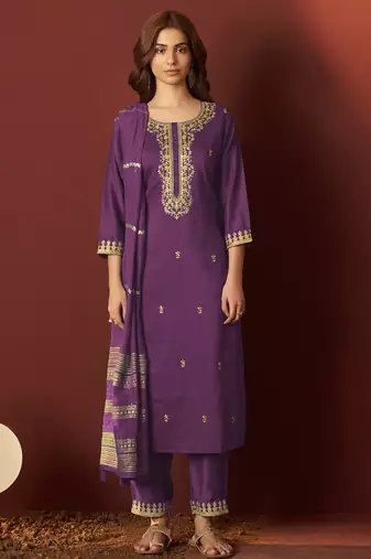 Purple chinnon embroidered kurta set with dupatta
