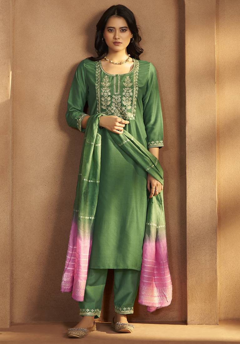 Green cotton blend embroidered kurta pant with chanderi jacquard dupatta