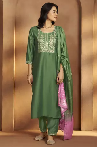 Green cotton blend embroidered kurta pant with chanderi jacquard dupatta