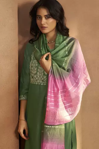 Green cotton blend embroidered kurta pant with chanderi jacquard dupatta