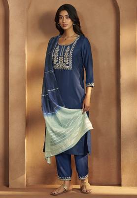 Blue cotton blend embroidered kurta pant with chanderi jacquard dupatta 1