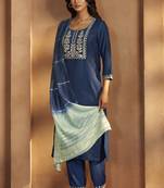 Blue cotton blend embroidered kurta pant with chanderi jacquard dupatta