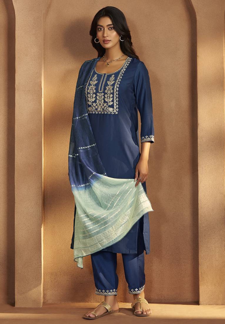 Blue cotton blend embroidered kurta pant with chanderi jacquard dupatta