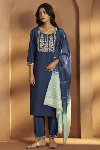 Blue cotton blend embroidered kurta pant with chanderi jacquard dupatta