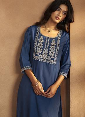 Blue cotton blend embroidered kurta pant with chanderi jacquard dupatta 4