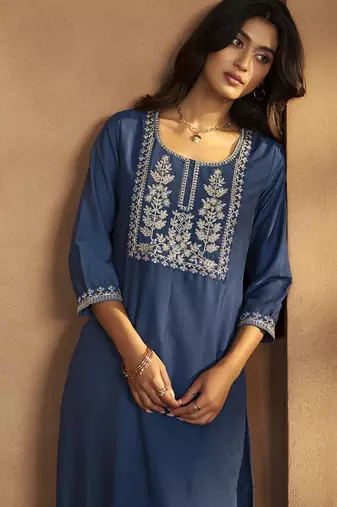 Blue cotton blend embroidered kurta pant with chanderi jacquard dupatta