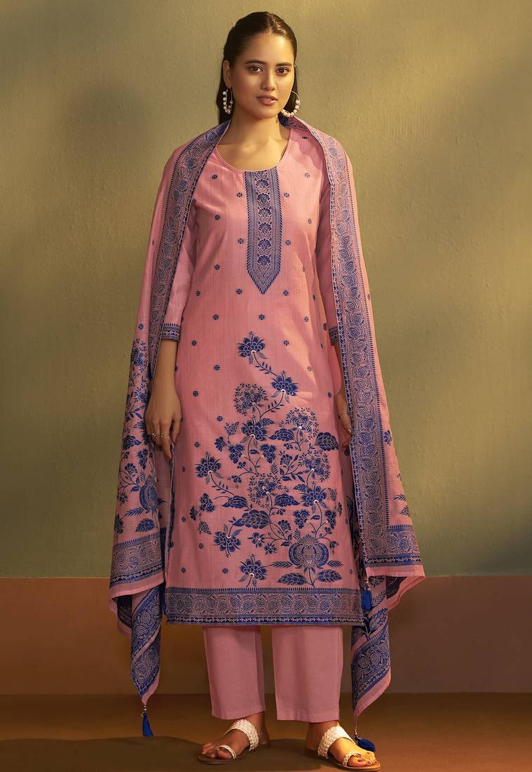 Pink jacquard art silk kurta set with cotton bottom & silk blend dupatta