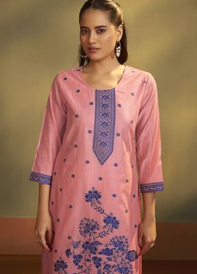 Pink jacquard art silk kurta set with cotton bottom & silk blend dupatta 4
