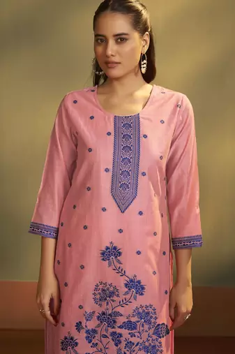 Pink jacquard art silk kurta set with cotton bottom & silk blend dupatta