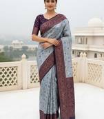 Grey nvay blue silk blend banarasi saree with unstitched blouse piece