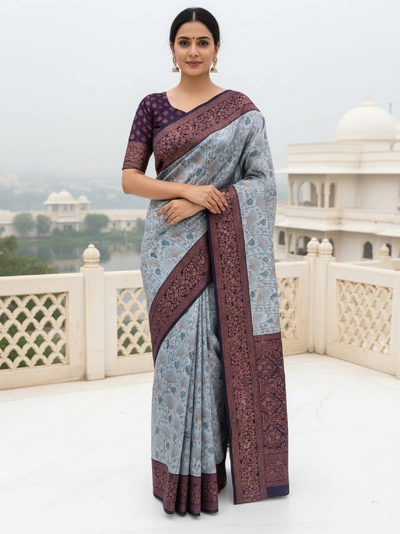 Grey nvay blue soft silk blend banarasi jacuard work designer party wear saree with unstitched blouse piece