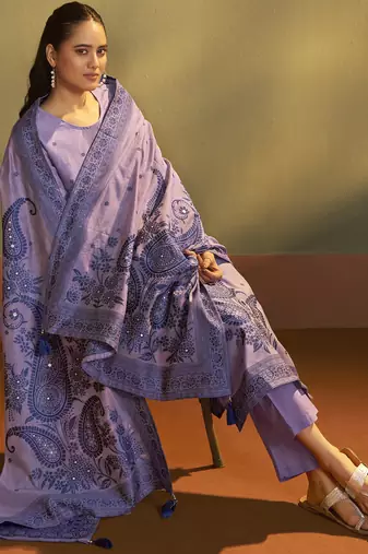 Lilac jacquard art silk kurta set with cotton bottom & silk jacquard dupatta