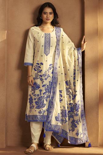 Cream jacquard art silk kurta set with cotton bottom & silk jacquard dupatta