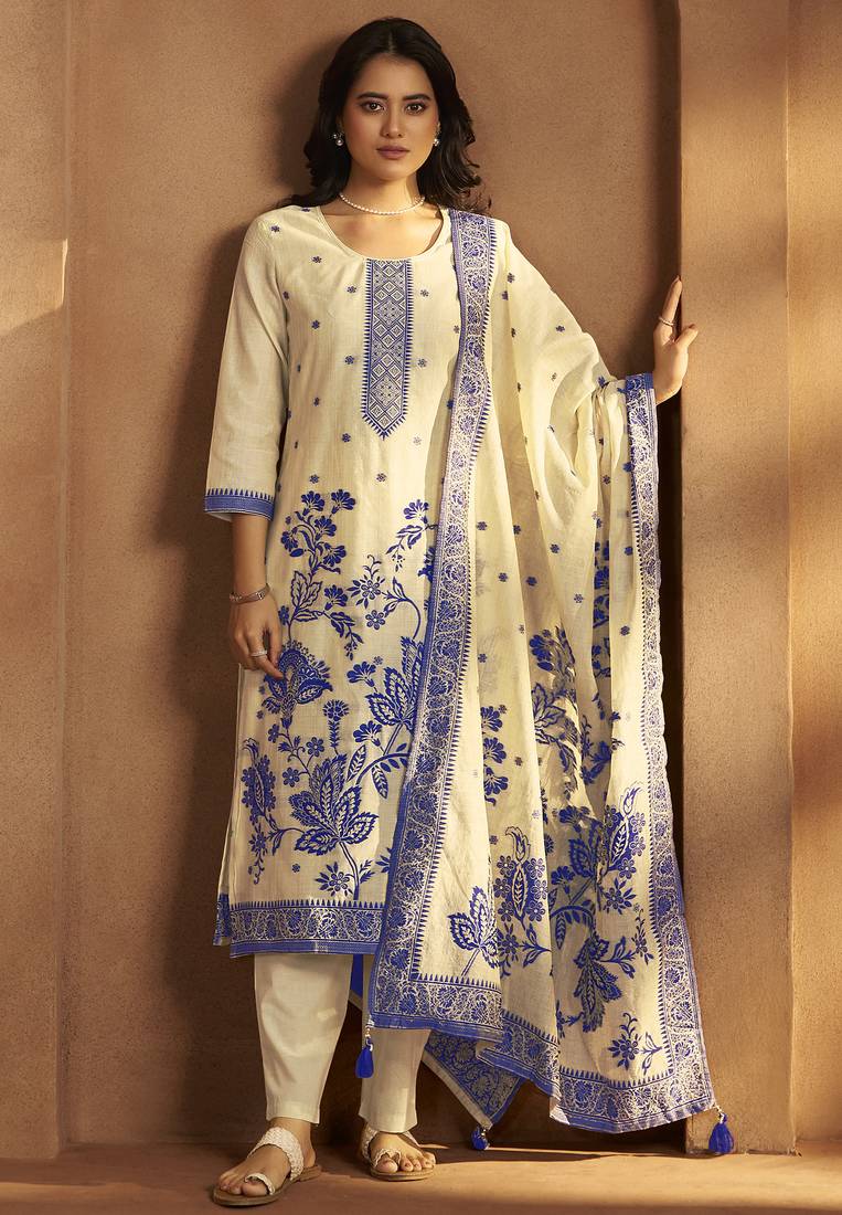 Cream jacquard art silk kurta set with cotton bottom & silk jacquard dupatta