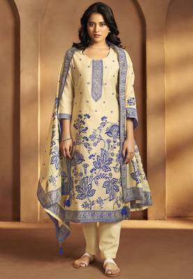 Cream jacquard art silk kurta set with cotton bottom & silk jacquard dupatta 2