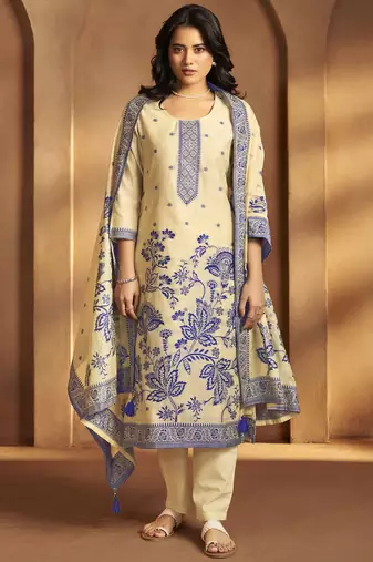 Cream jacquard art silk kurta set with cotton bottom & silk jacquard dupatta