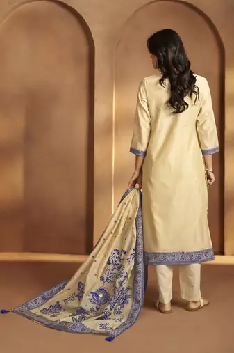 Cream jacquard art silk kurta set with cotton bottom & silk jacquard dupatta