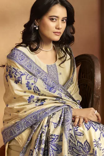 Cream jacquard art silk kurta set with cotton bottom & silk jacquard dupatta