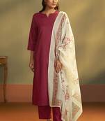 Women rust cotton calf-length kurta with pant & cream chanderi printed dupatta