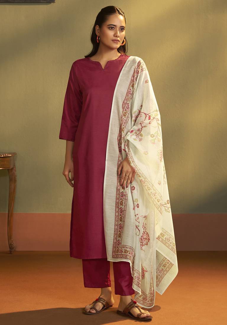 Women rust cotton calf-length kurta with pant & cream chanderi printed dupatta