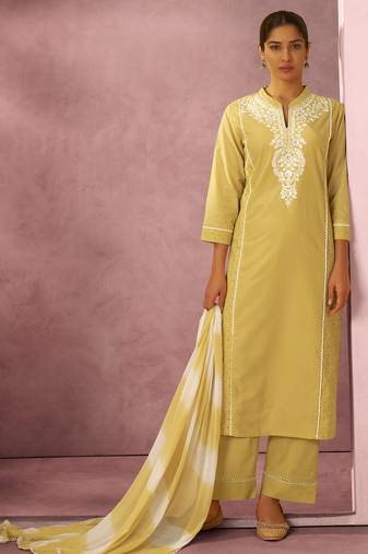 Yellow pure cotton schiffli embroidered straight kurta set dupatta