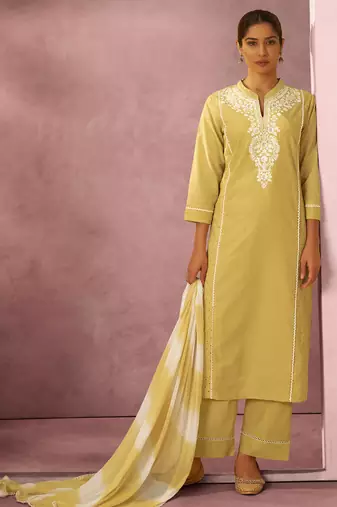 Yellow pure cotton schiffli embroidered straight kurta set dupatta
