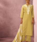 Yellow pure cotton schiffli embroidered straight kurta set dupatta