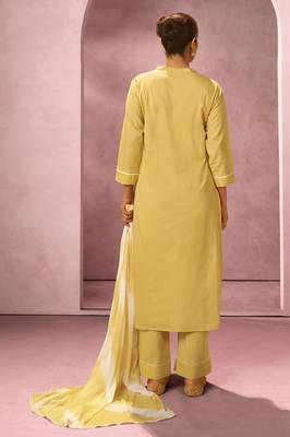 Yellow pure cotton schiffli embroidered straight kurta set dupatta 2