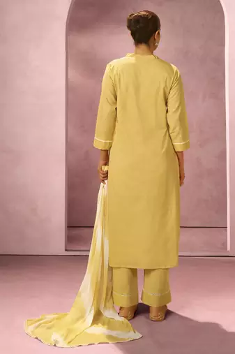Yellow pure cotton schiffli embroidered straight kurta set dupatta
