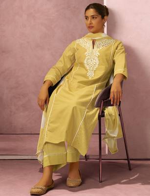 Yellow pure cotton schiffli embroidered straight kurta set dupatta 3