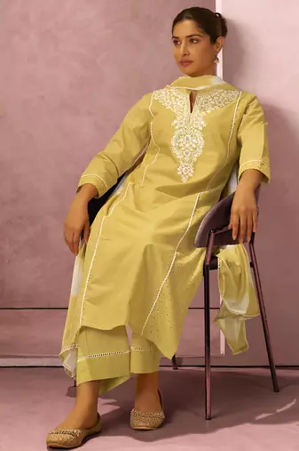 Yellow pure cotton schiffli embroidered straight kurta set dupatta