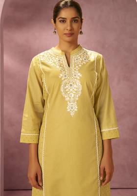 Yellow pure cotton schiffli embroidered straight kurta set dupatta 4