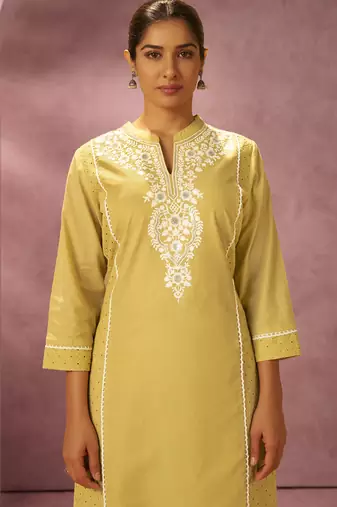 Yellow pure cotton schiffli embroidered straight kurta set dupatta